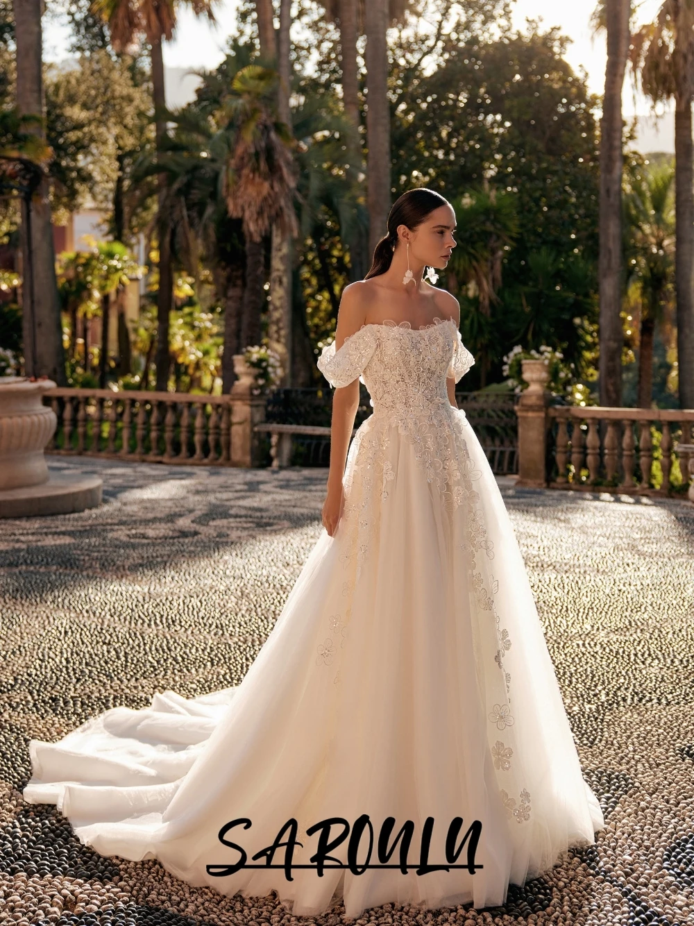 

Ethereal Tulle Off Shoulder Wedding Dress Dazzling Floral 3D Design Customized Bridal Gown Low Back Dreamy Long Bride Wear