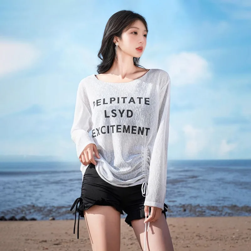 Women's Bikini Set  Blue Mesh Letter Print Long Sleeve Cover Up Red Gingham Drawstring Shorts Summer Beach Bathing Suit Swimwear view 4