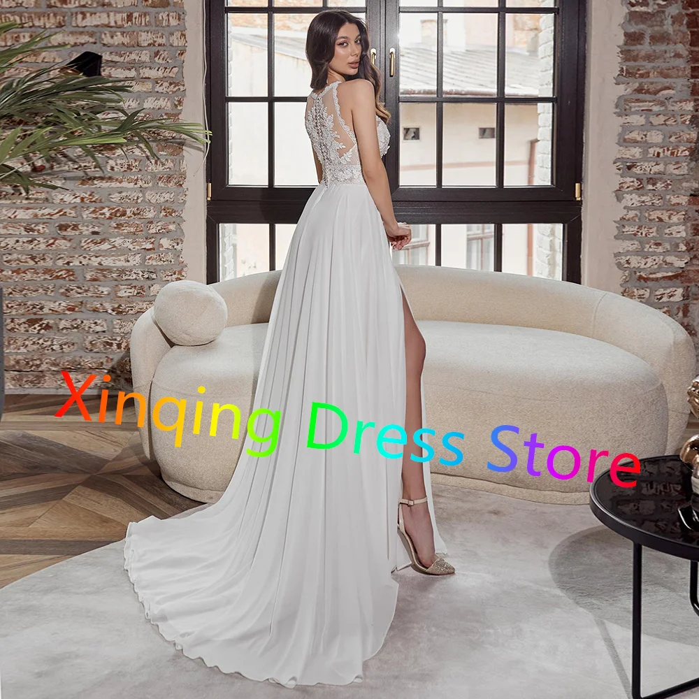 Fashion Chiffon Side Slit Wedding Dress Ladies Elegant O-neck Appliques Bridal Gowns Button Back Sweep Train Beach Wedding Gowns