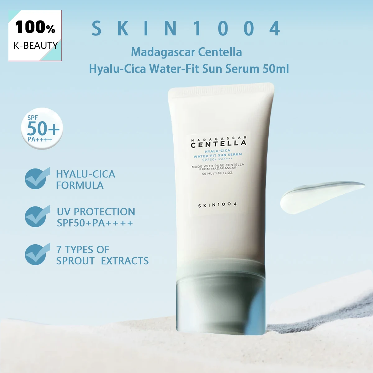 SKIN1004 Madagascar Centella Hyalu-Cica Water-Fit Sun Serum SPF50+ PA++++,Gentle,Outdoor High Protection,K-Beauty,Korean Makeup