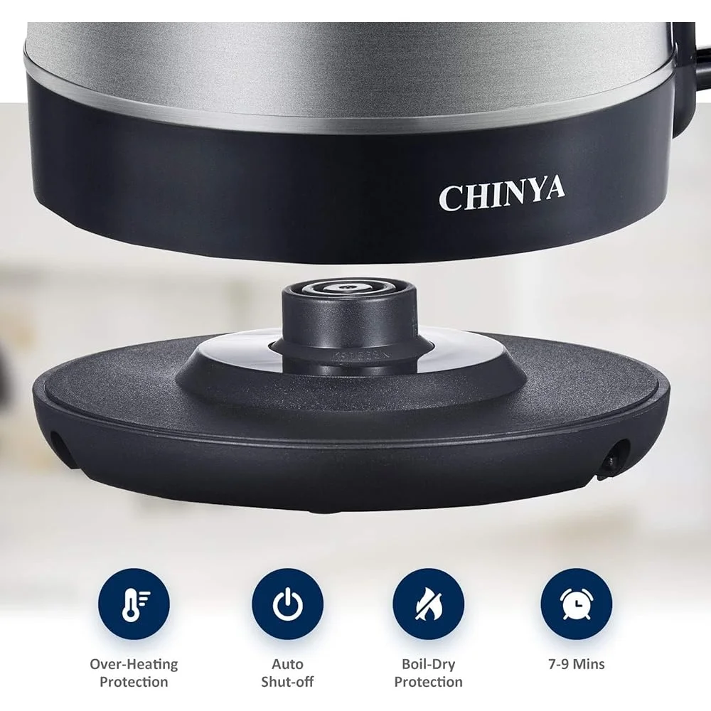 Electric Kettle 1.7L Stainless Steel Tea Maker Fast Boiling 1500W Automatic Shut Off LED Light 360° Base Storage