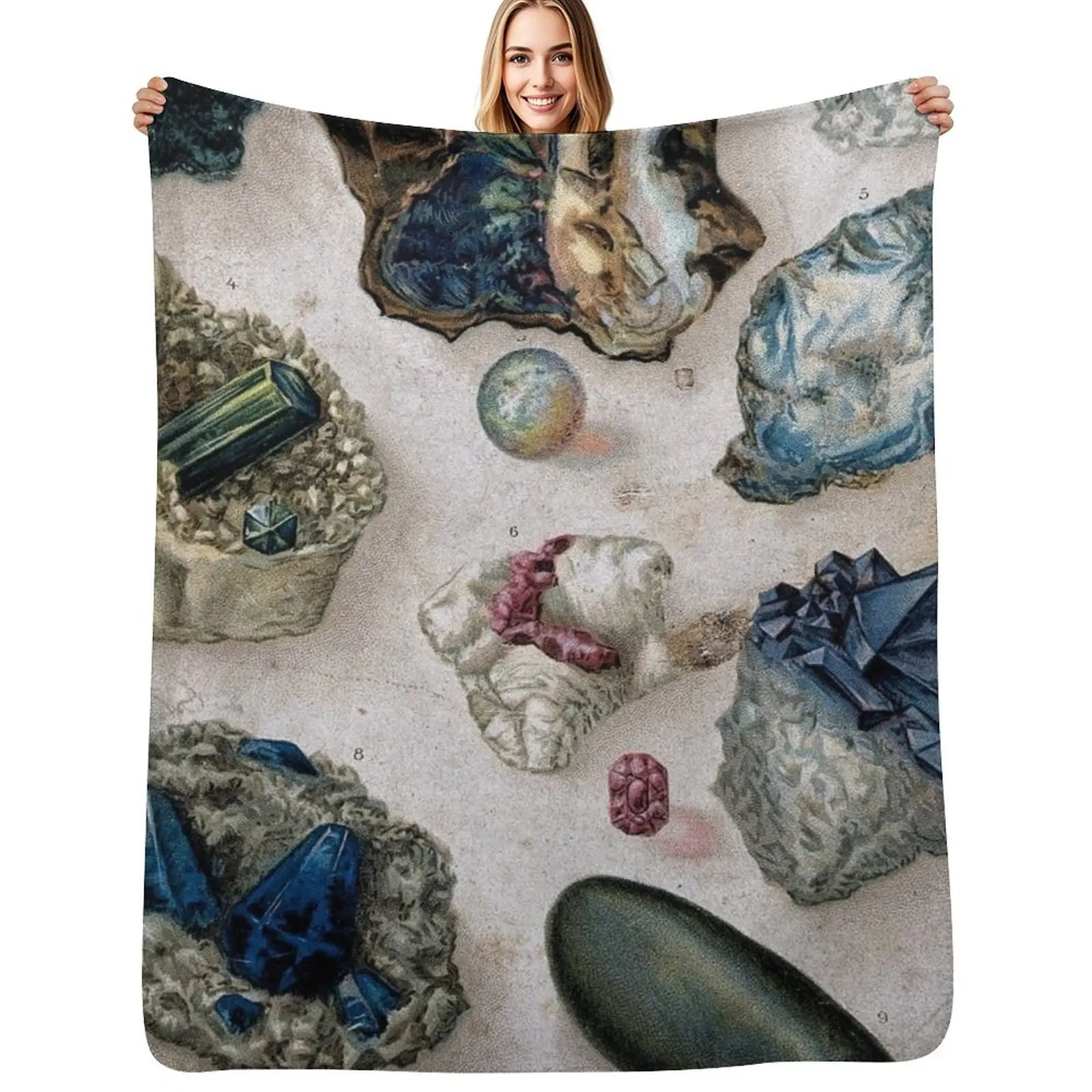 

Antique Geological Scientific Crystals Gemstones Lithograph Throw Blanket Warm Plush Fuzzy Blanket for Living Room