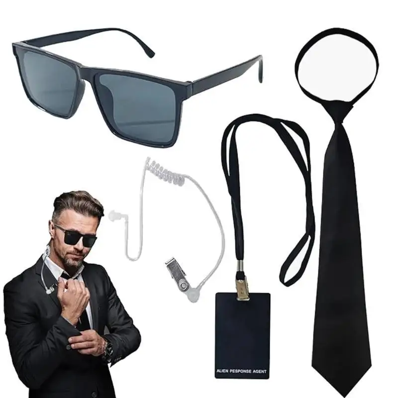 Secret Security Guard Costume Accessories For Adult Kid Secret Agent Cosplay Costume With Glasses Earpiece Neck Tie