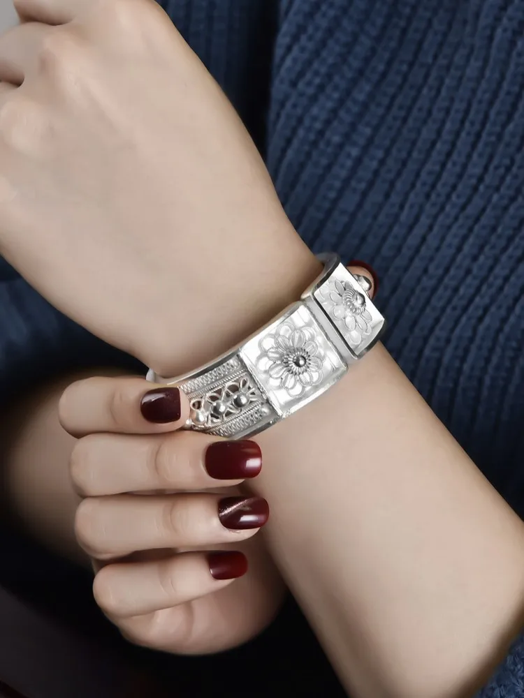Vintage Style Women Floral Beading Elegant Bracelet Luxury 999 Sterling Silver Birthday Gift Ladies Ethnic Fine Jewelry Bracelet