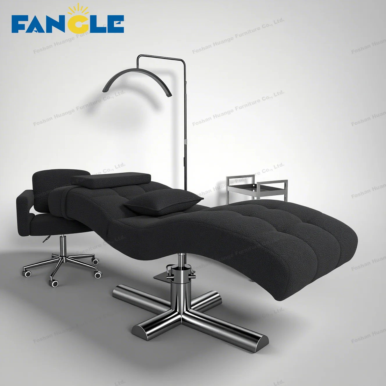 New Curved Eyelash Bed Black Lambskin Lash Facial Beauty Bed Silver Base Massage Table & Bed Salon Furniture