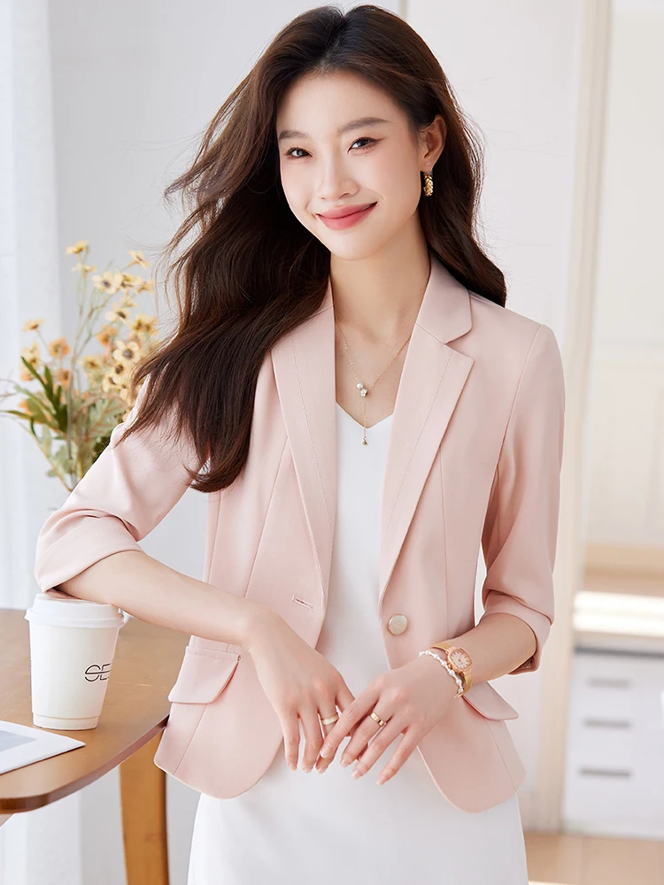 Pink Short Seven-Quarter Sleeve Suit Jacket Women's Thin Casual Style Polyester Fiber Anti-Wrinkle Commute Fashion