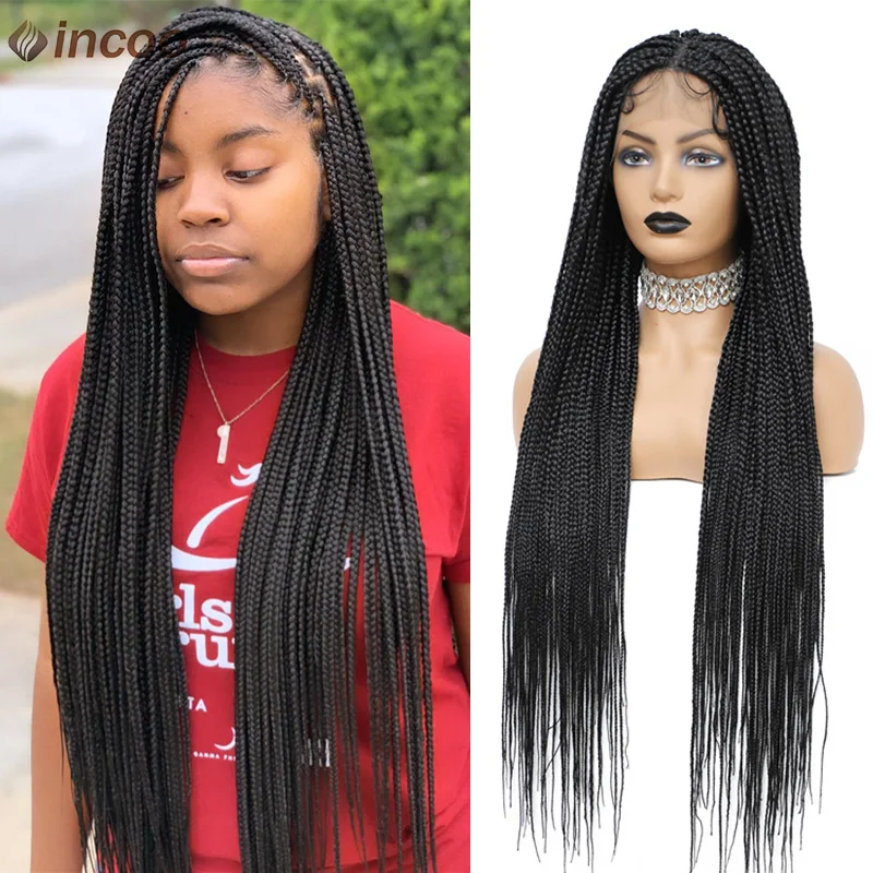 

36'' Small Part Box Braided Wigs Synthetic Full Lace Wig With Baby Hair Summer Black Cornrow Braiding Hair Wigs For Black Women