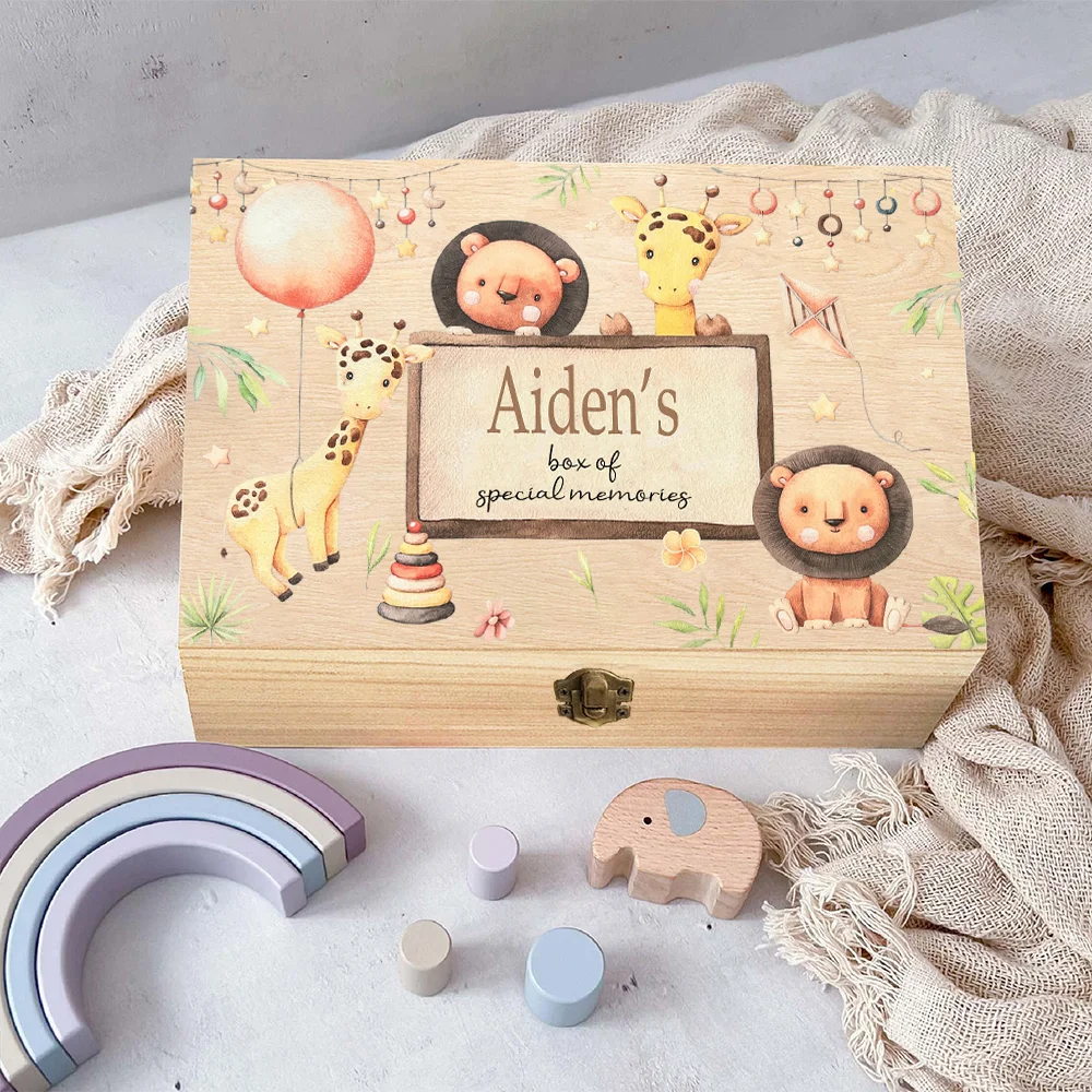 Personalised Wooden Keepsake Box Custom Name Memory Box for Kid Cute Animals Pattern Wooden Box Birthday Holiday Gifts for Child