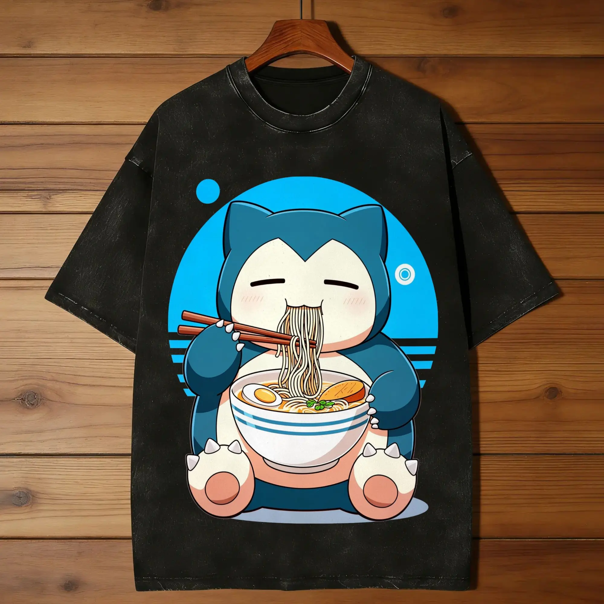Cozy Chibi Snorlax Ramen T-Shirts for Men  Casual Pure Cotton Tee Shirt Crewneck Short Sleeve T Shirt Gift Idea Clothes,