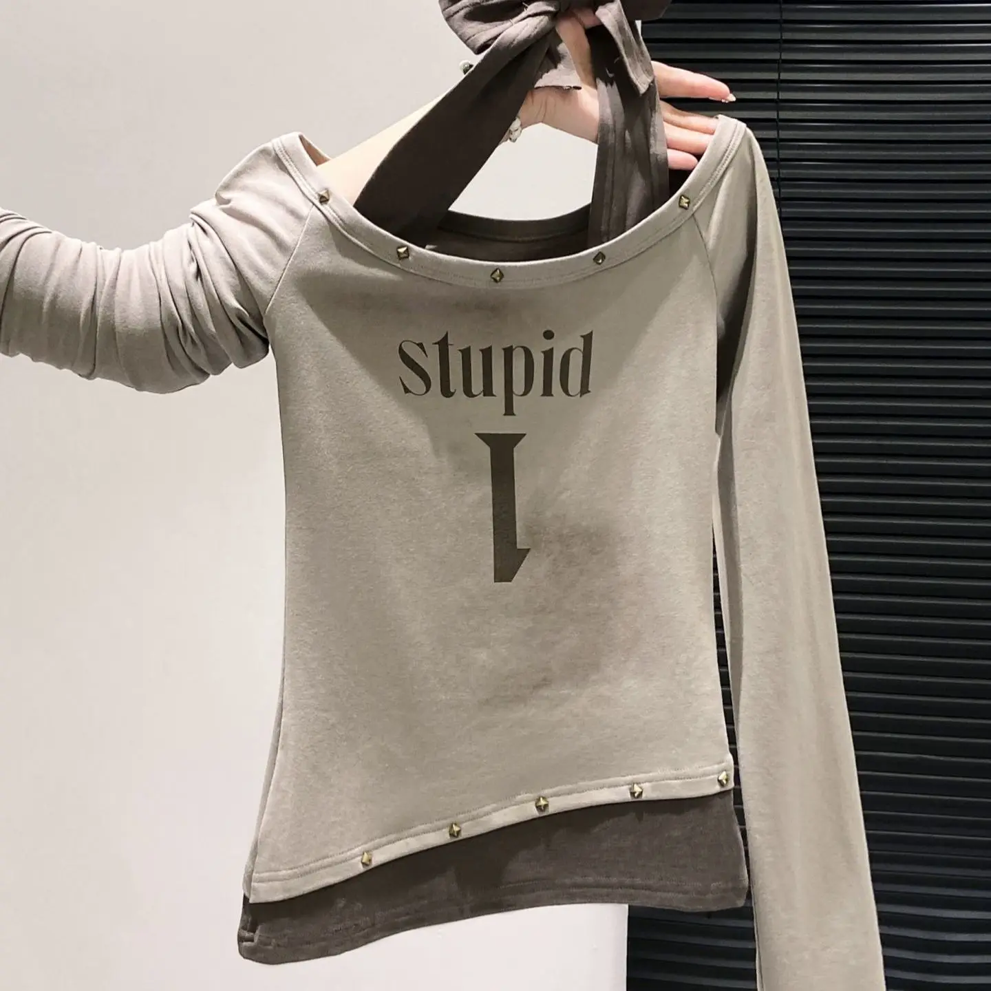 American Style Hot Girl Fake Two-Piece Long Sleeve T-Shirt Shoulder Bared Neck Hanging Top Y2K Slim Fit Base Shirt Top