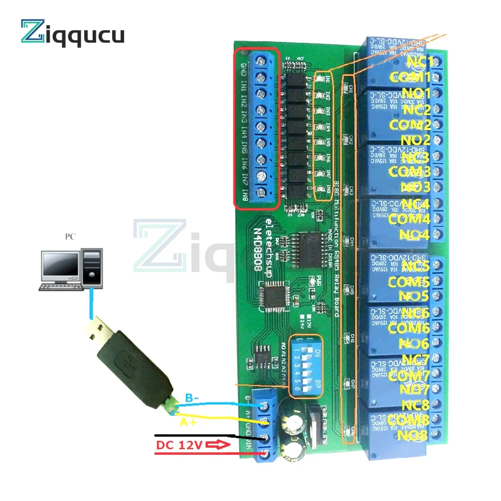 DC 12V 24V 8 Isolated Input & 8 Output DIN35 C45 Rail Box UART RS485 Relay Module Modbus RTU Control Switch Board