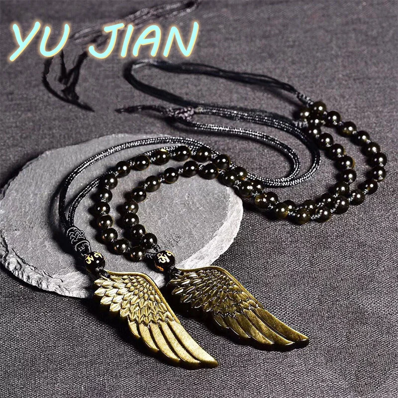 

Exquisite Gold Obsidian Angel Wing Feather Pendant Ladies Men's Fashion Necklace Natural Crystal Stone Handmade Jewelry