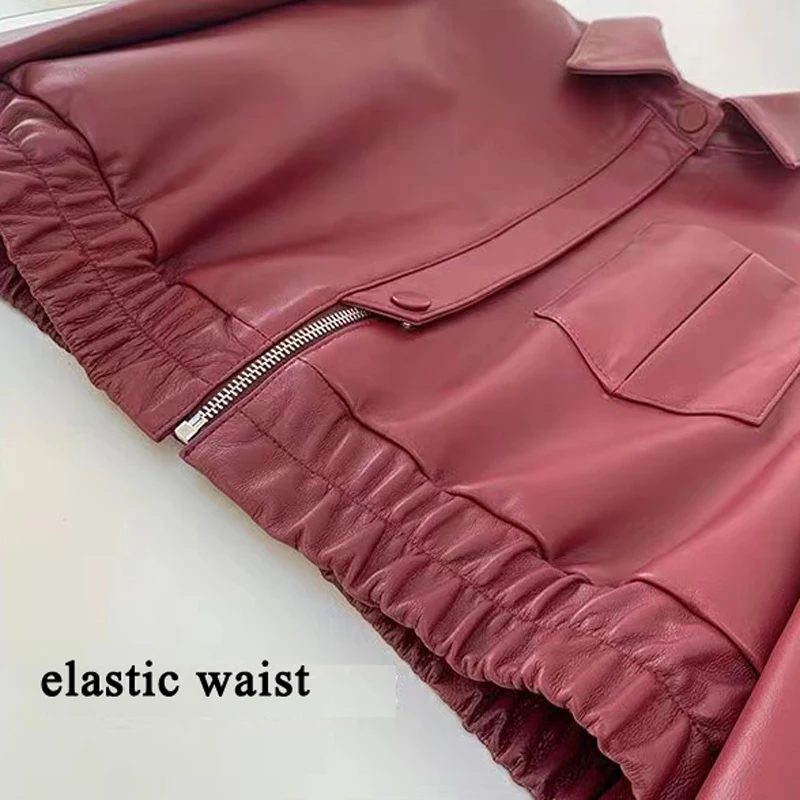 European 2023 New Fashion Short Leather Jacket For Women 2023 Casual Elastic Band Waist Top Clothing Mujer Varsity Claret Veste