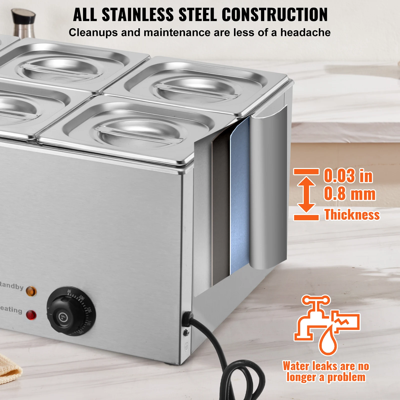SucceBuy 24QT 6-Pan جهاز تسخين الطعام التجاري 1200 واط طاولة البخار الكهربائية المهنية كونترتوب الفولاذ المقاوم للصدأ بوفيه باين ماري