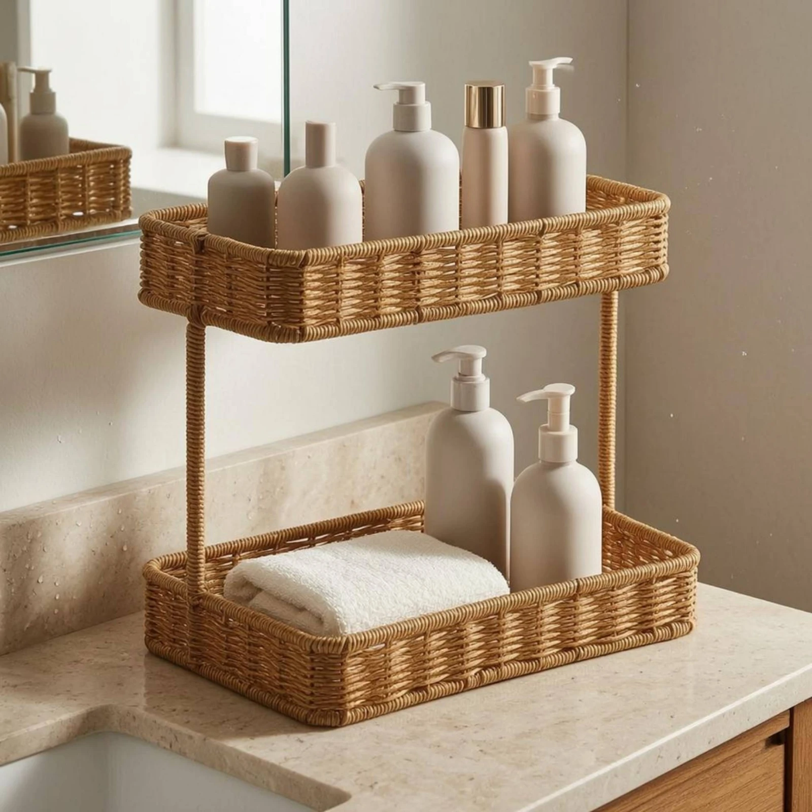 Two-Tier Storage Rack Woven Rattan Storage Rack 2-Tier Shelf Organizer unobstructedGrid Countertop Organizer Raised Side