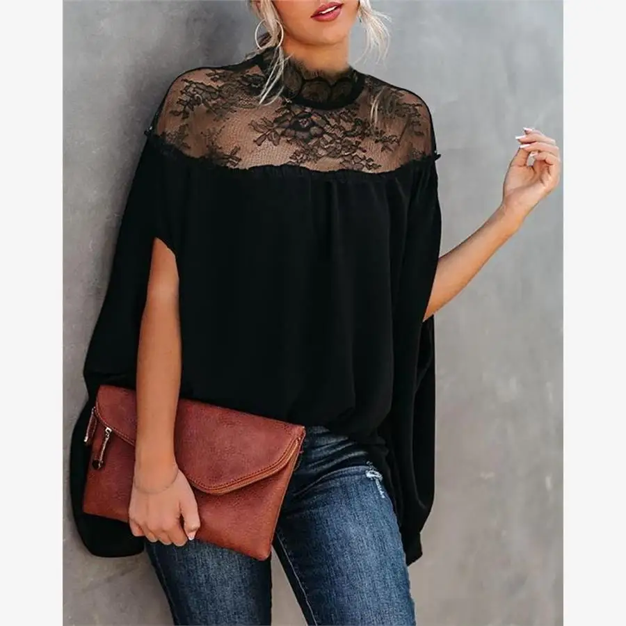Losse dames casual kanten irt top Batwing Sve patchwork jas zomer woon-werkverkeer Sle ronde Ne ort Sve kleur