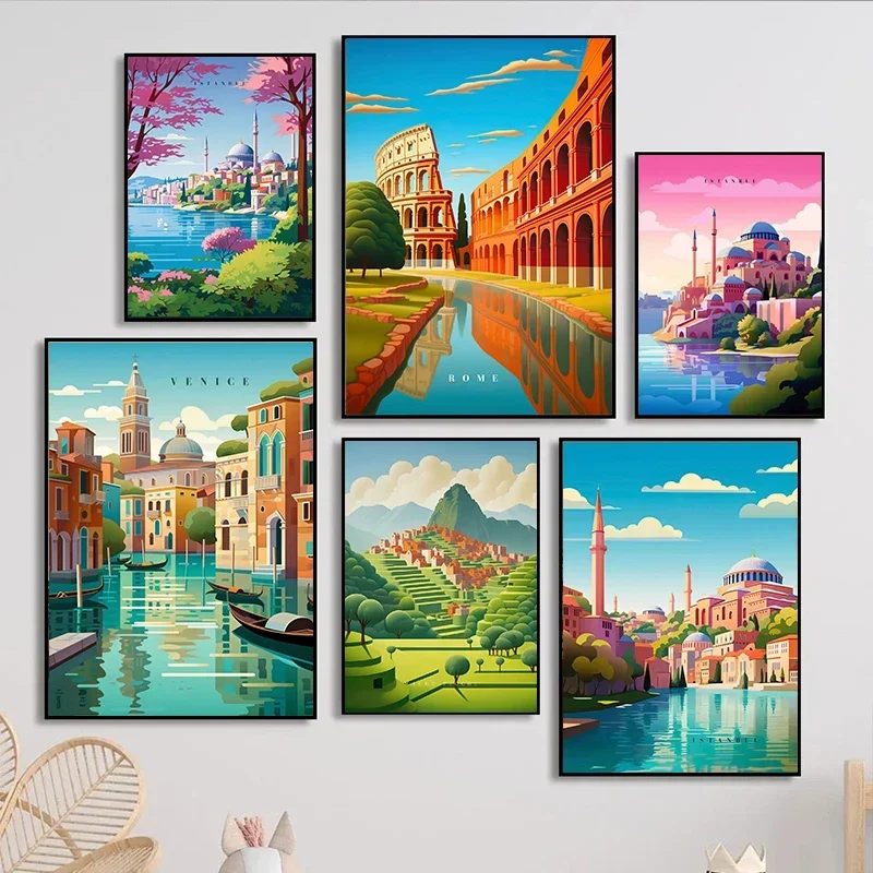 Cities From The World Global Travel Venice Rome Istanbul Poster and Prints Canvas Painting Wall Art Pictures Room Home Decor