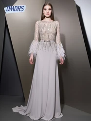 Illusion Boat Neck Evening Dress Classy Dubai Feathered Mother Of The Bride Dress Customized Long Sparkly Birthday Prom Gown