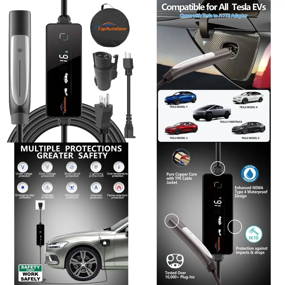 

Level 1 Level 2 Tesla Charger, 16A 17ft Tesla Mobile Charger Comes with NACS to J1772 Adapter, NEMA 6-20 & 5-15 Plugs,Portable H