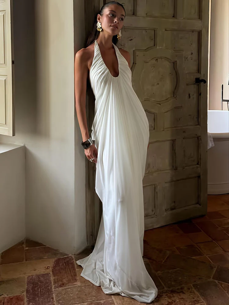 فستان XIAOTANG شبكي بدون ظهر مثير ماكسي فستان نسائي أنيق بياقة على شكل V بدون أكمام مطوي فساتين طويلة للحفلات والنوادي
