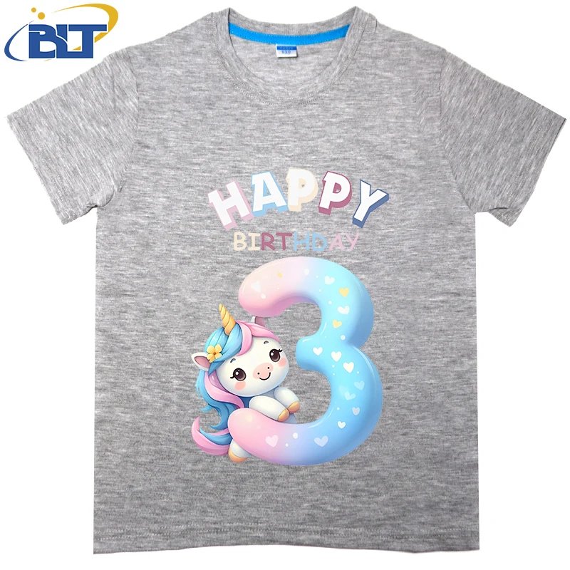 Happy Birthday 3 Years Old Cute with Unicorn Design Print KidST shirt in summer cotton short -sleeved casual top