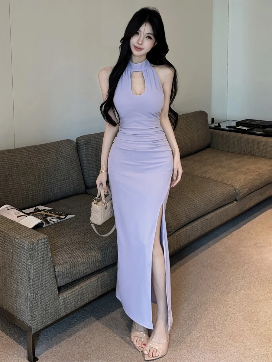 Elegant Folded Neckline Sleeveless Long Dress Women's Fashion Retro Style Gathered Waist High Quality Bodycon Split Skirt