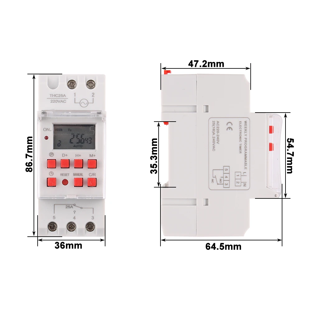 Red Time Switch Power Weekly Programme Electronic Timer Switch Digital Timer 220V 110V 12V 24V Din Rail Mount 35mm 25A