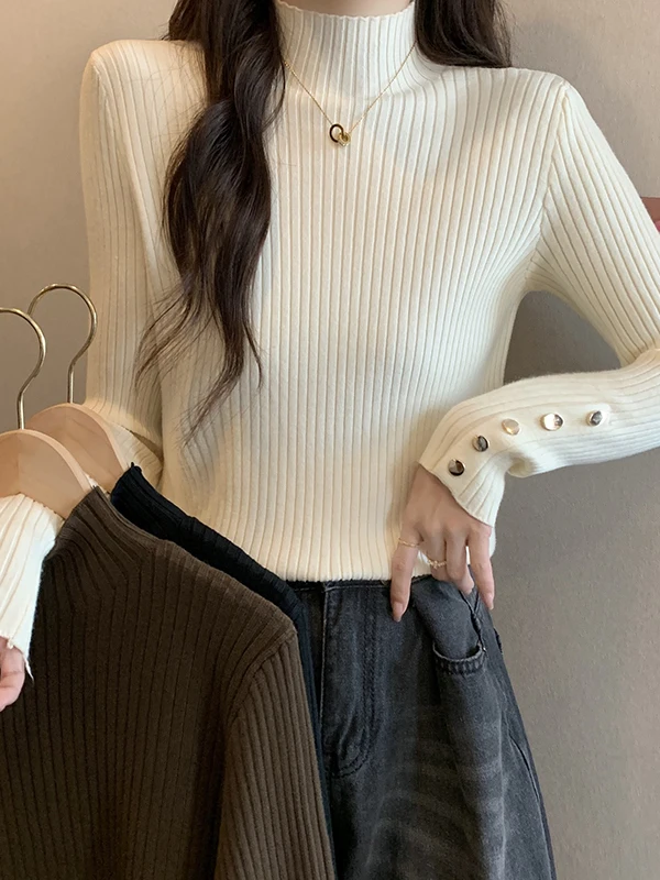 

Женская повседневная футболка больших размеров с длинным рукавом в корейском стиле, облегающая, с высоким воротником, базовый слой для осени и зимы