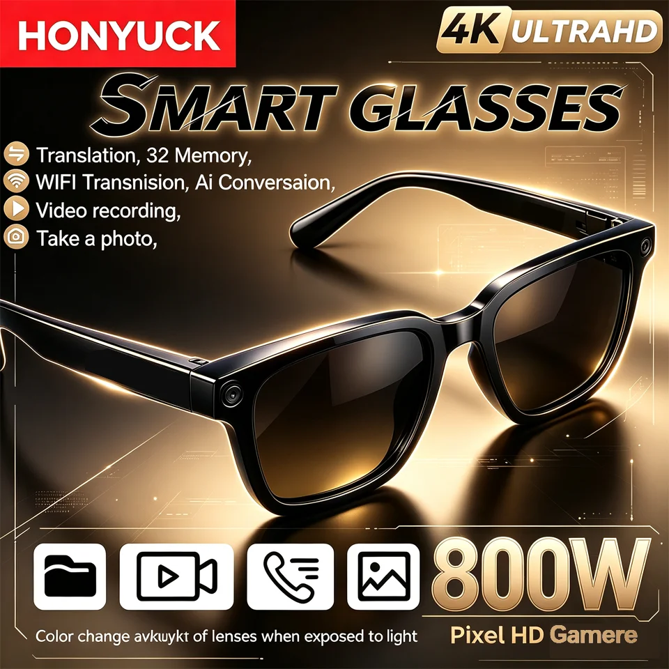 New 2026 AI Smart Glasses for Men with 800W Camera Color-Changing Smart Translation IP65 Waterproof Photo/Video Call Function