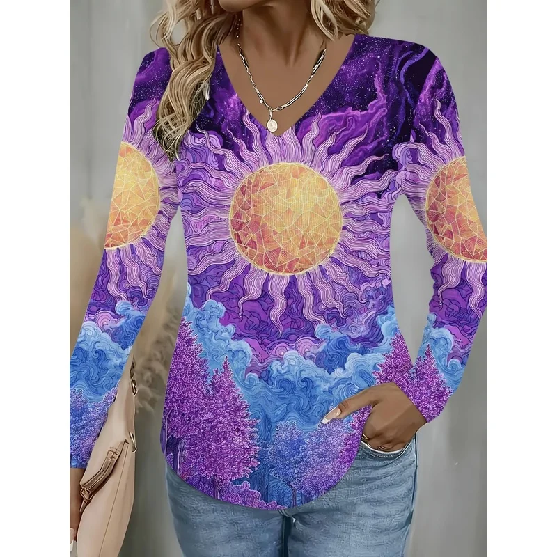 Women Casual Long Sleeve V Neck T Shirts Abstract Art Sun And Cloud Pattern Autumn Winter Warm Tops Perfect Self Gift For Daily