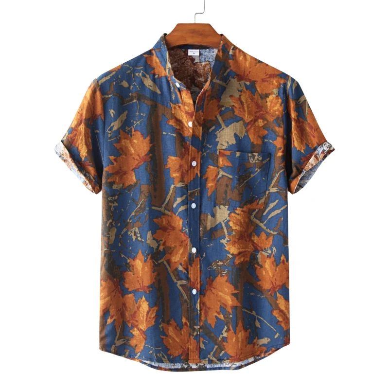 Luxury Men's Shirt With Short Sleeves Tiki Summer T-shirt Man Linen and Cotton Shirts Beach Korean Popular Clothes Hawaiian Mens