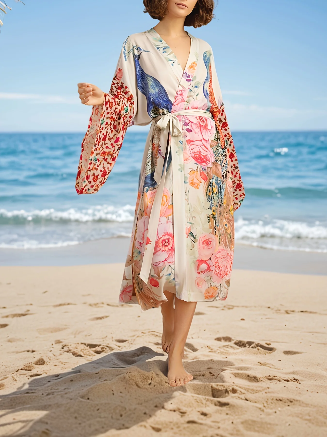 

Женская пляжная накидка с принтом павлина, с расположенным по всей поверхности узором и поясом; кардиган с длинными рукавами для отпуска и защиты от солнца.