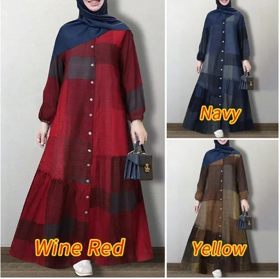 2024 plus size women's Muslim spring and autumn long sleeved simple and loose casual long length Japanese and Korean checkered