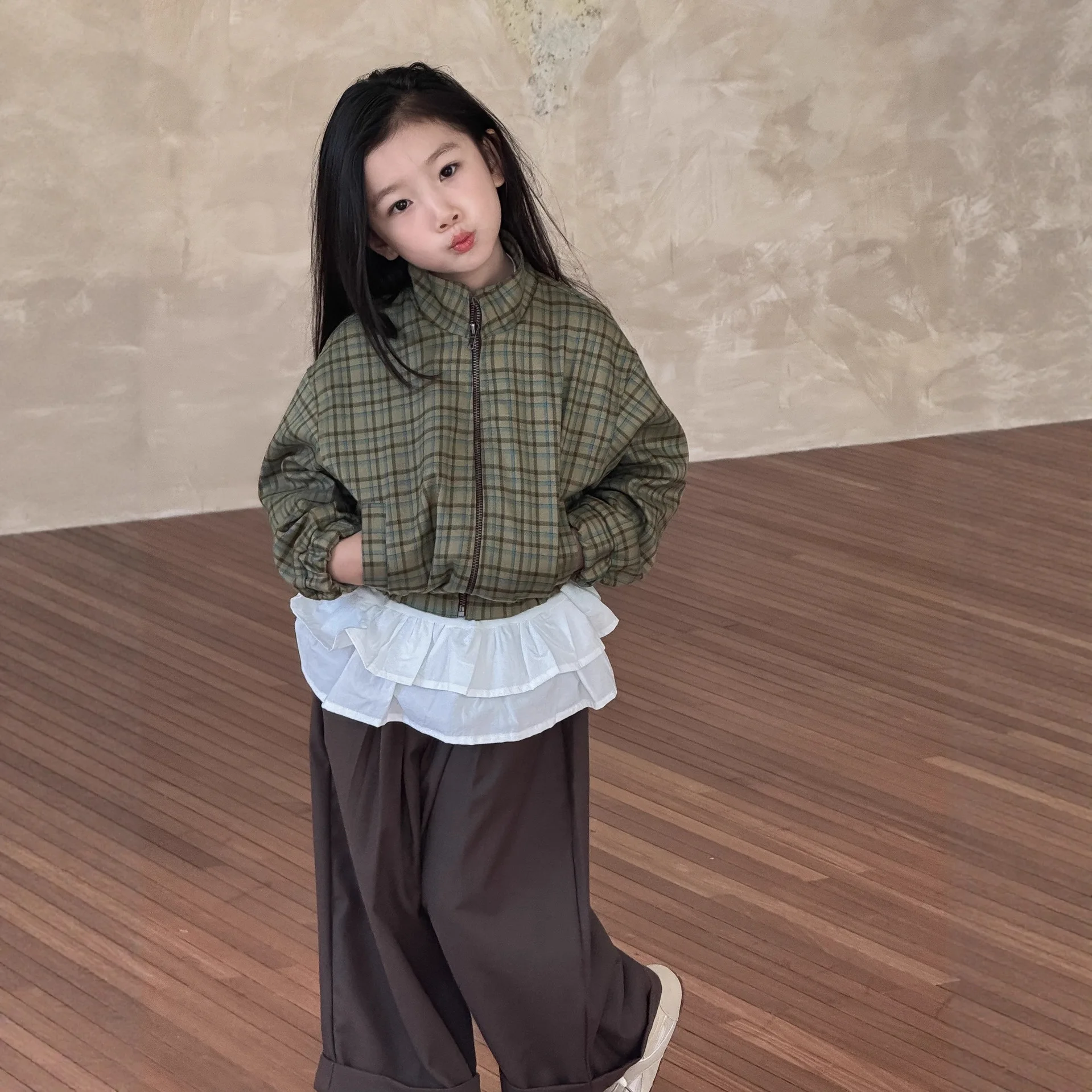 

2025 Autumn Thin Boys' and Girls' Foreign Green Plaid Baseball Uniform New Girls' Jacket