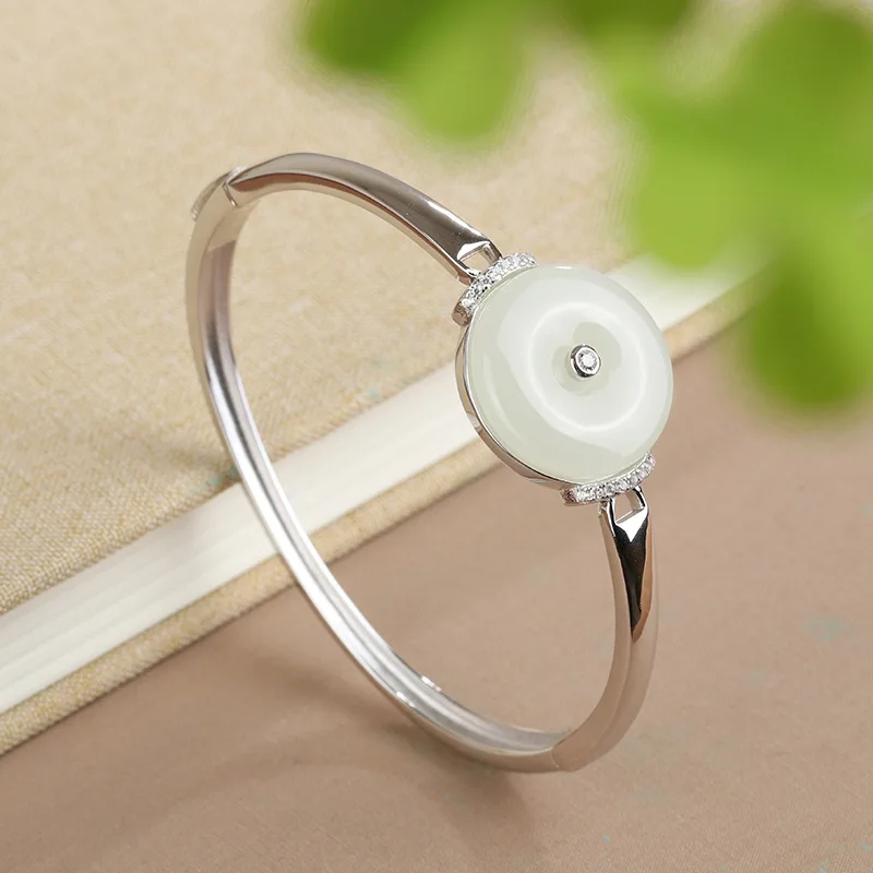 

S925 Sterling Silver Inlaid Natural Hetian Jade Peace Women'S Open Bracelet