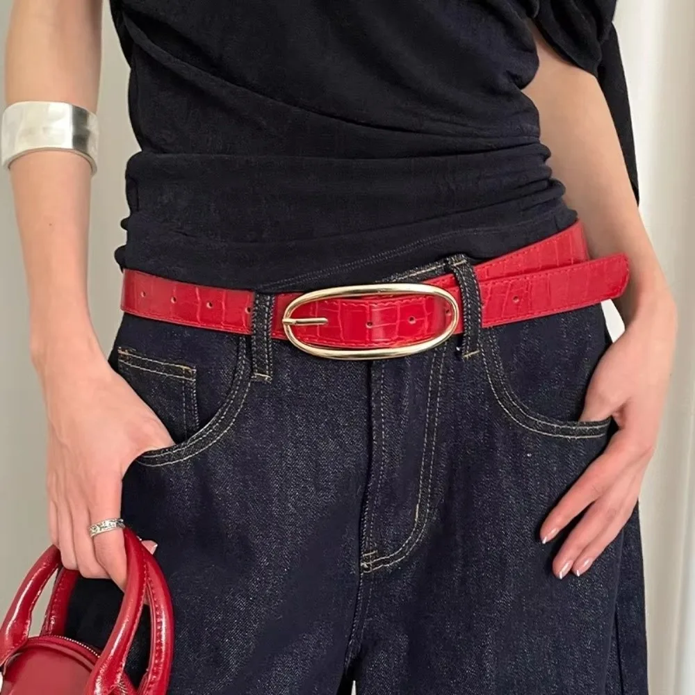 Fashion PU Jeans Belt Red Crocodile Patterned Needle Buckle Belt Women's Waistband Decoration Belt