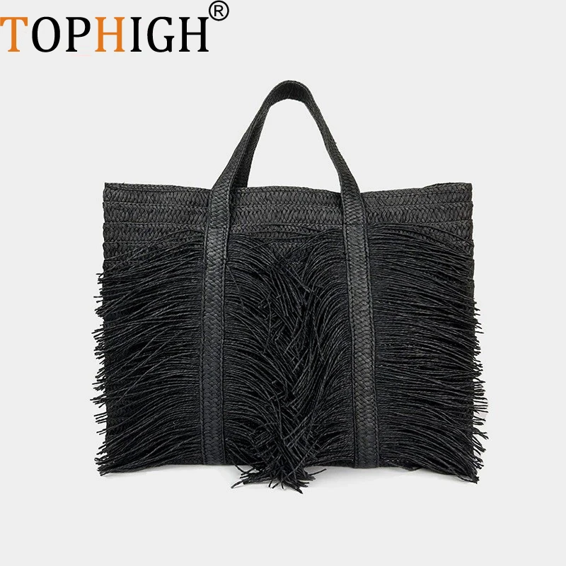 TOPHIGH Private Retro Tassel Grass Woven Bag For Women's Large Capacity Handmade Woven Handbag Newly Beach Vacation Shoulder Bag