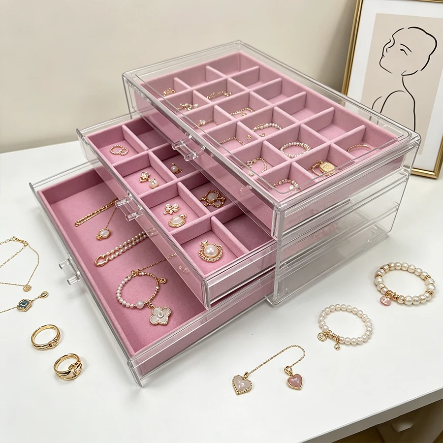 3-layer pink velvet jewelry box - 18+12+1 jewelry storage velvet jewelry box, for storing jewelry, necklaces, bracelets and othe