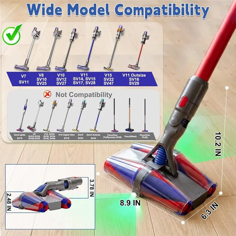 [Heavy Duty】 Quick-Release Floor Brush Head With Four-Cone Universal Joint& LED Lights For Dyson V7 V8 V10 V11 V15 Vacuums