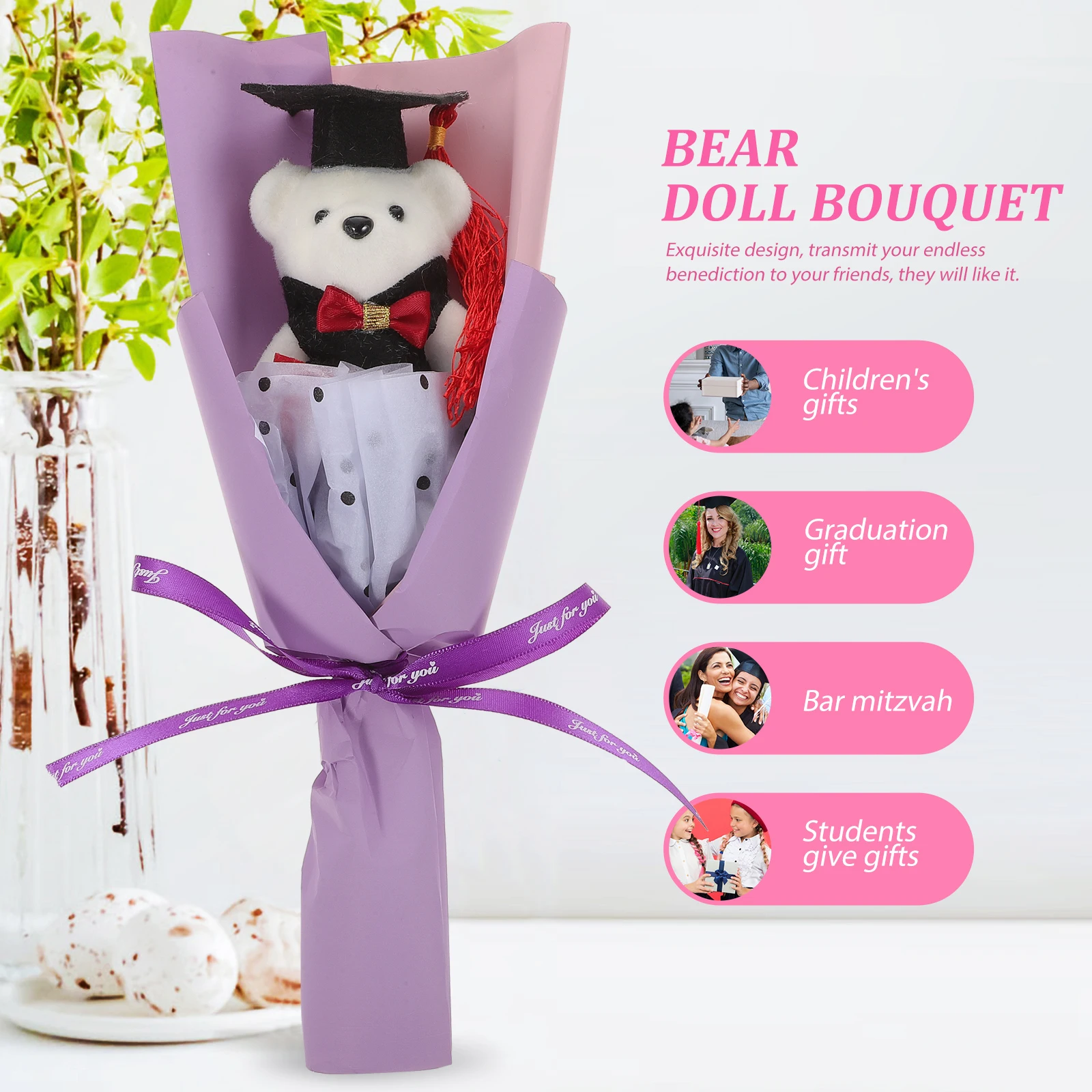 

Graduation Bear Bouquet Purple Toy Artificial Flowers Scented Soap Decor School Party Favor Gift for Graduates