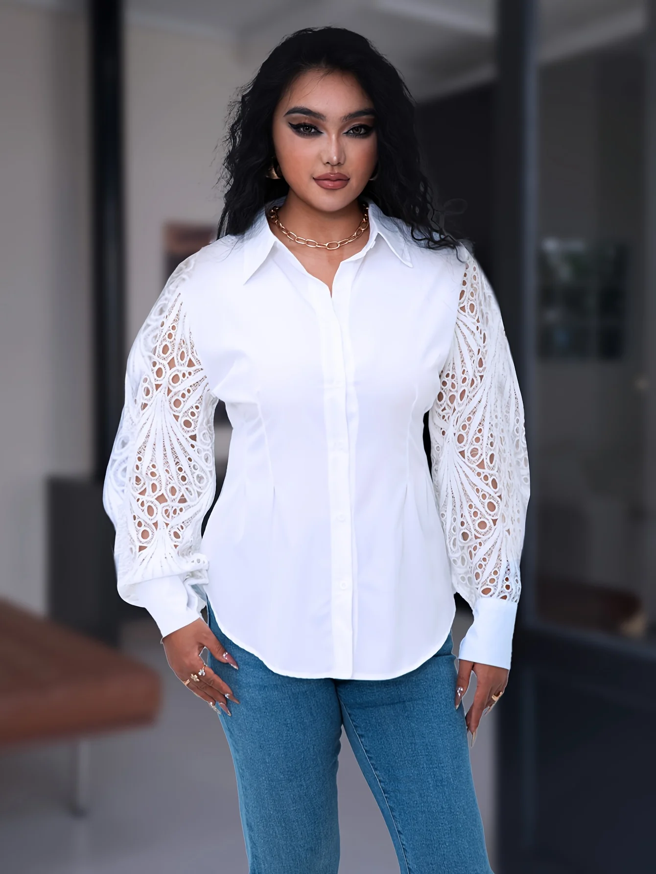

Empire-Waist Plus Size Lace Insert Blouse | Breathable Embroidered Tops for Women in Classic Neutrals