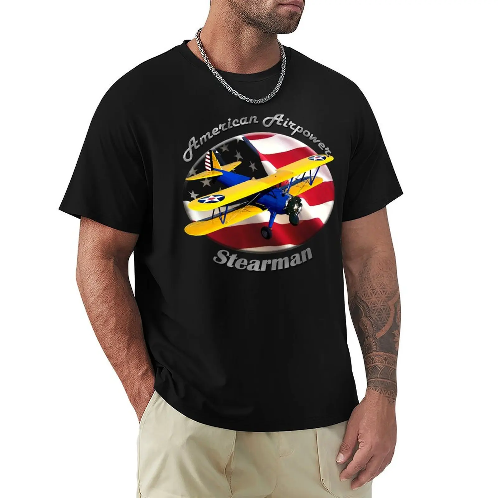 Stearman Biplane American Airpower T-Shirt Casual Loose Fit Summer Tee Shirt