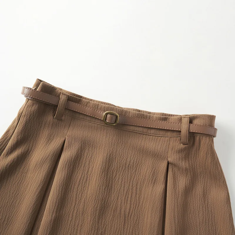 INMAN Women Skirt 2023 Spring A-shaped Pleated Loose With Same Color Adjustable Waistband Vintage Elegant Mid-length Skirt