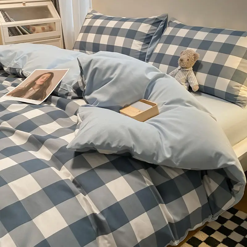 

Man Ning Pure Cotton Flannel Bedding Set Washed Cotton Grid Pattern Skin-friendly Single Quilt Cover Bed Canopy Three P...