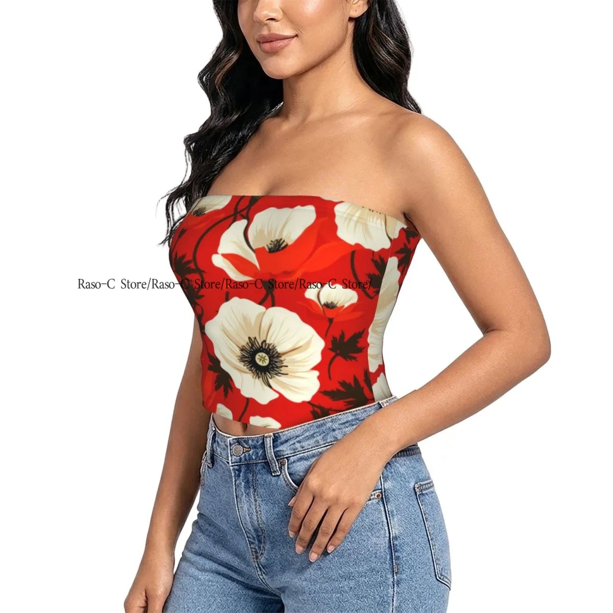 Strapless Sexy Tube Tops Summer Outfits Women Backless Shoulder Wrap Poppy Flower Blooms Pattern Female Crop Top