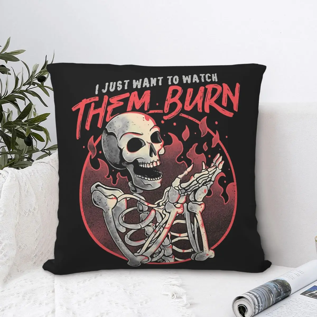 Watch Them Burn Skull Funny Polyester Cushion Cover For Livingroom Car Decorative Kawaii