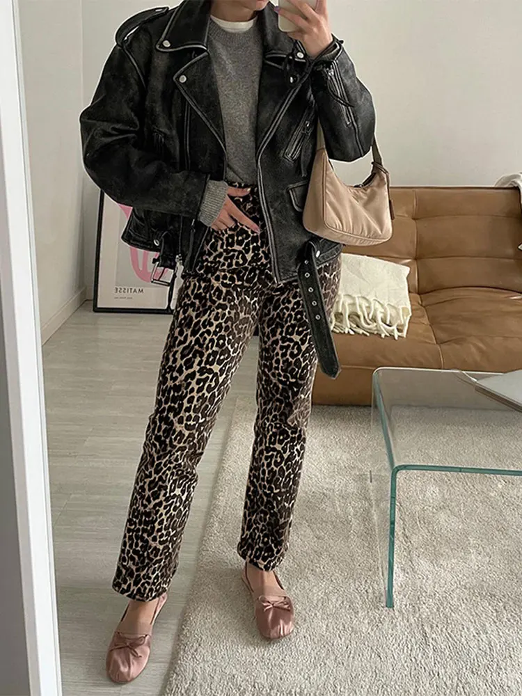 

Vintage Leopard Print Pencil Pants For Women Fashion Casual High Waist Buttons Pant Autumn New Lady High Street Commute Trousers