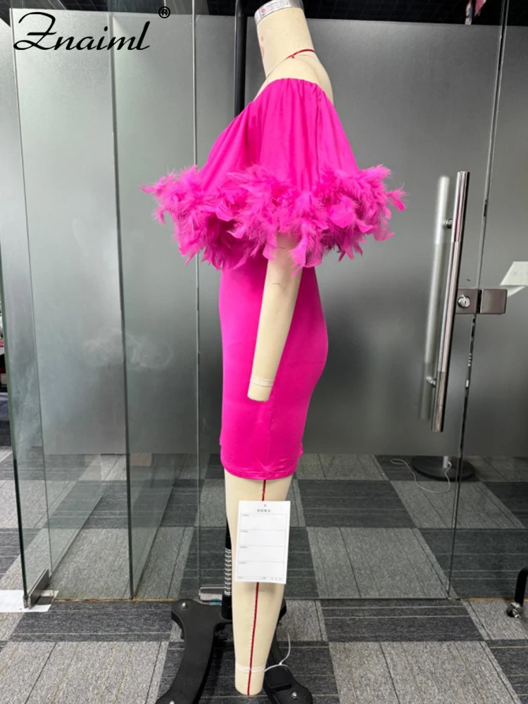 Znaiml Women Sexy Off Shoulder Feather Pink Mini Bodycon Dress Elegant Birthday Evening Night Club Party Prom Female Vestidos — zdjęcie 6