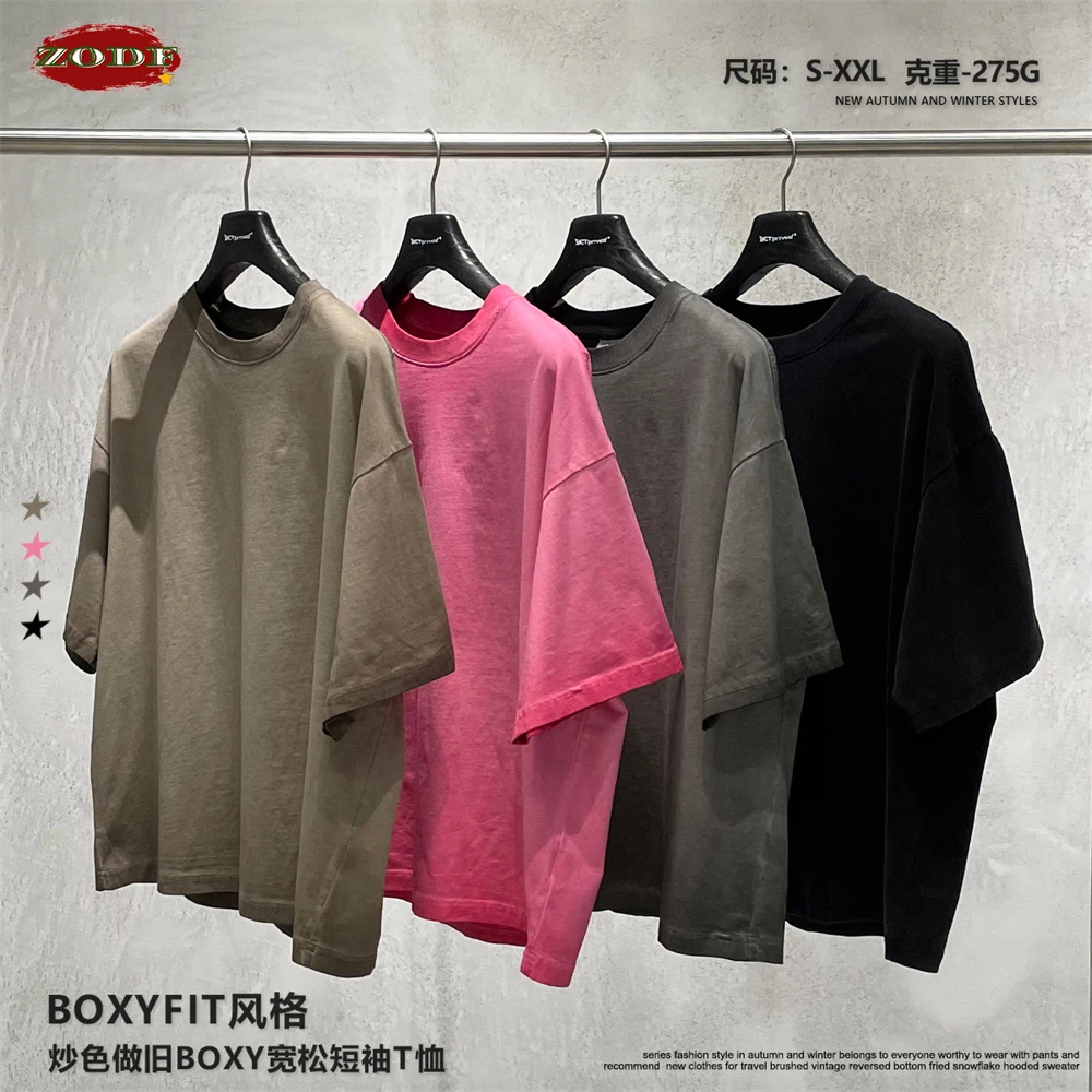 

ZODF Винтаж 2026 Лето Boxy Fit из стираного хлопка для мужчин футболки унисекс High Street потертая футболка брендовые топы HY1186