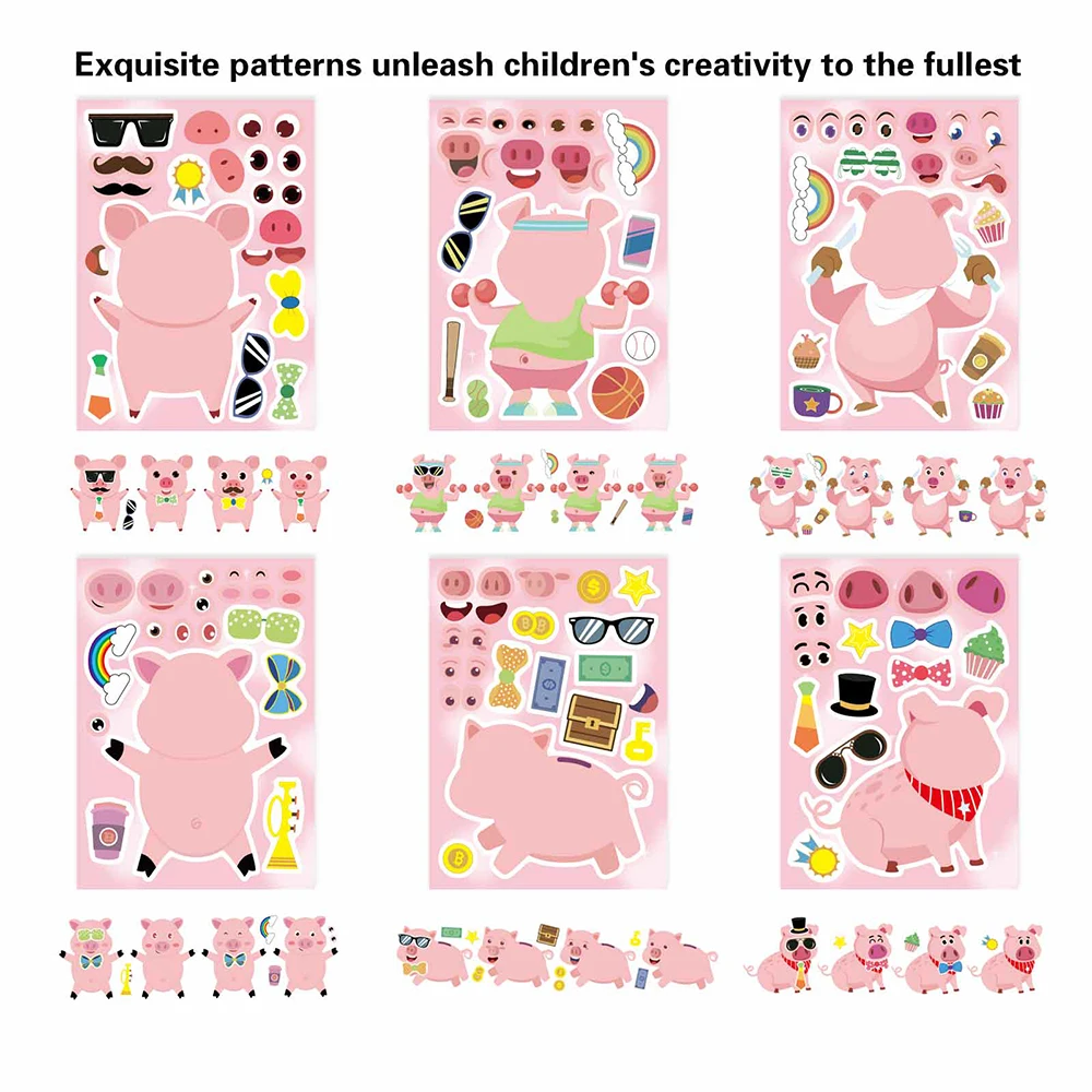 6/12Sheets Make a Face Pink Pig Puzzle Stickers Cute Animals Assembly Jigsaw Kids DIY Education Toys Party Game Decoration Gifts